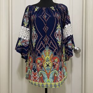 WinWin Pinwheel Sleeve Tunic Shirt Boho Vibrant Pattern Blue Womens Small Medium